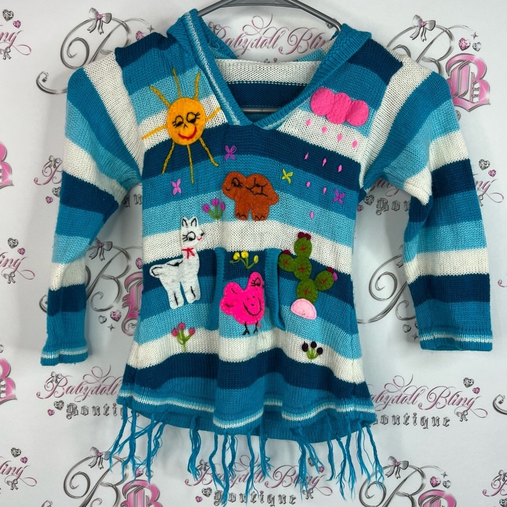 Sweater outdoor theme patches Striped Blue Kids Shirt with Fun Embroidery